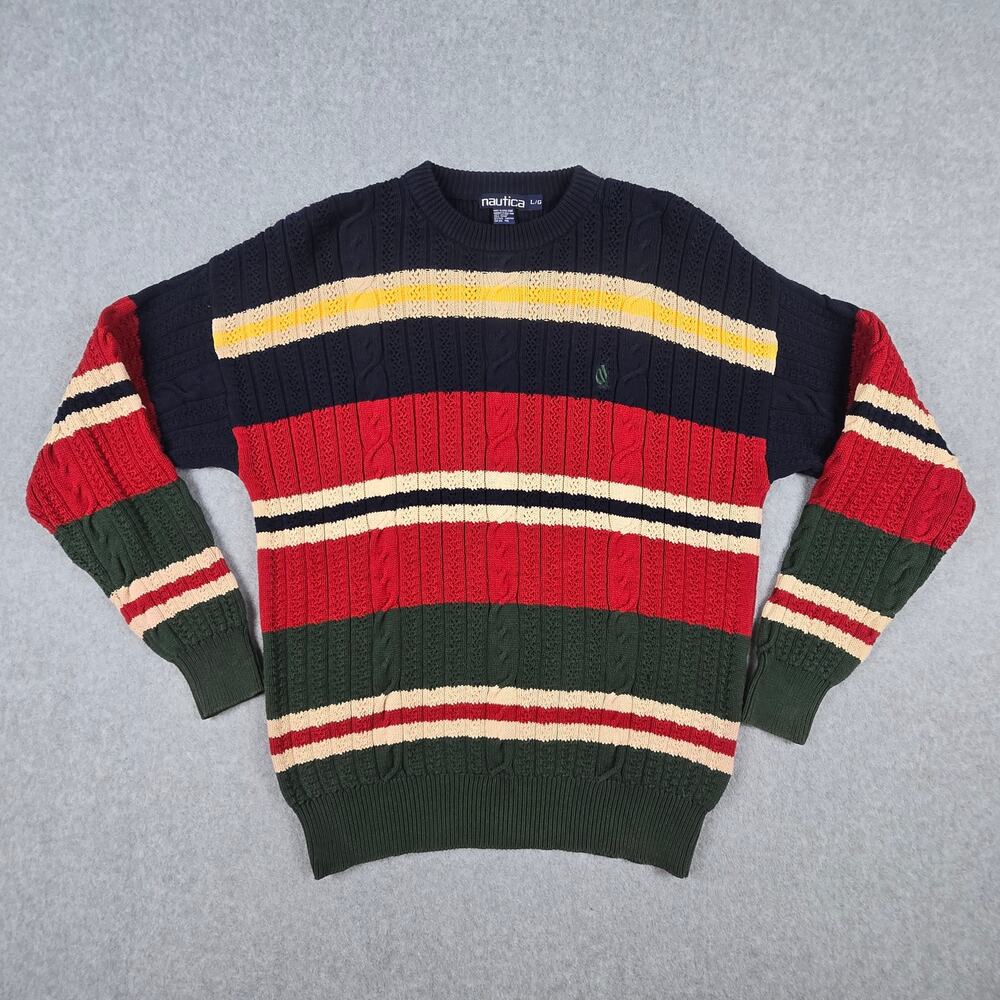 Vintage Nautica Sweater Mens Large Stripe Cable Knit Crew Neck Navy Multi Color - Picture 3 of 16